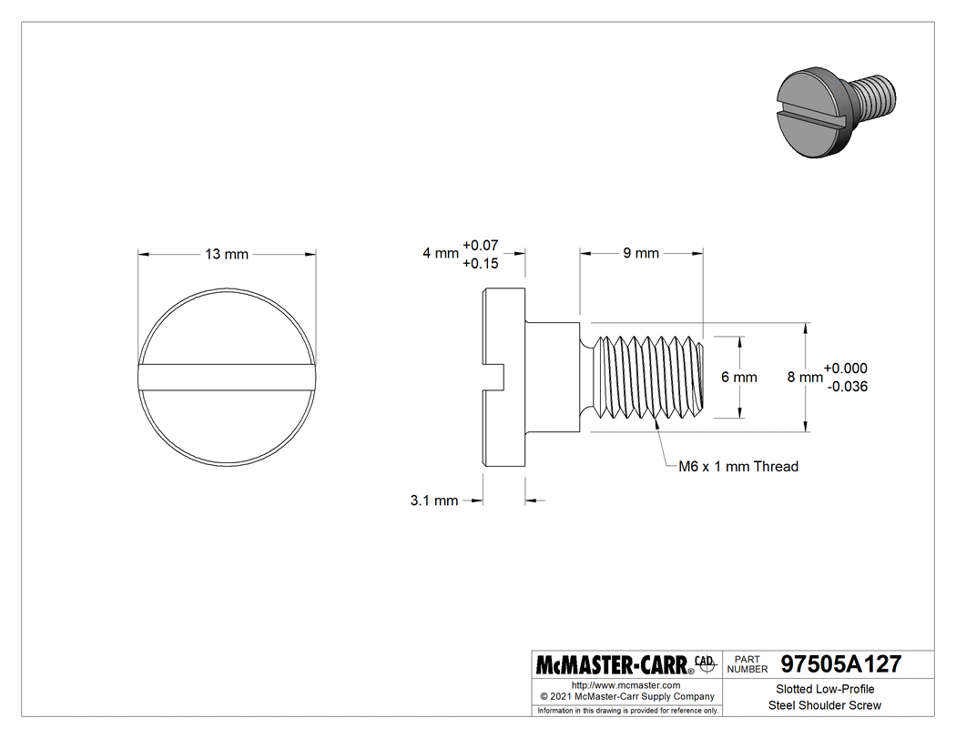 Technical Drawing of Slotted Low-Profile Steel Shoulder Screw, 8 mm Shoulder Diameter, 4 mm Shoulder Length, M6 x 1 mm Thread.